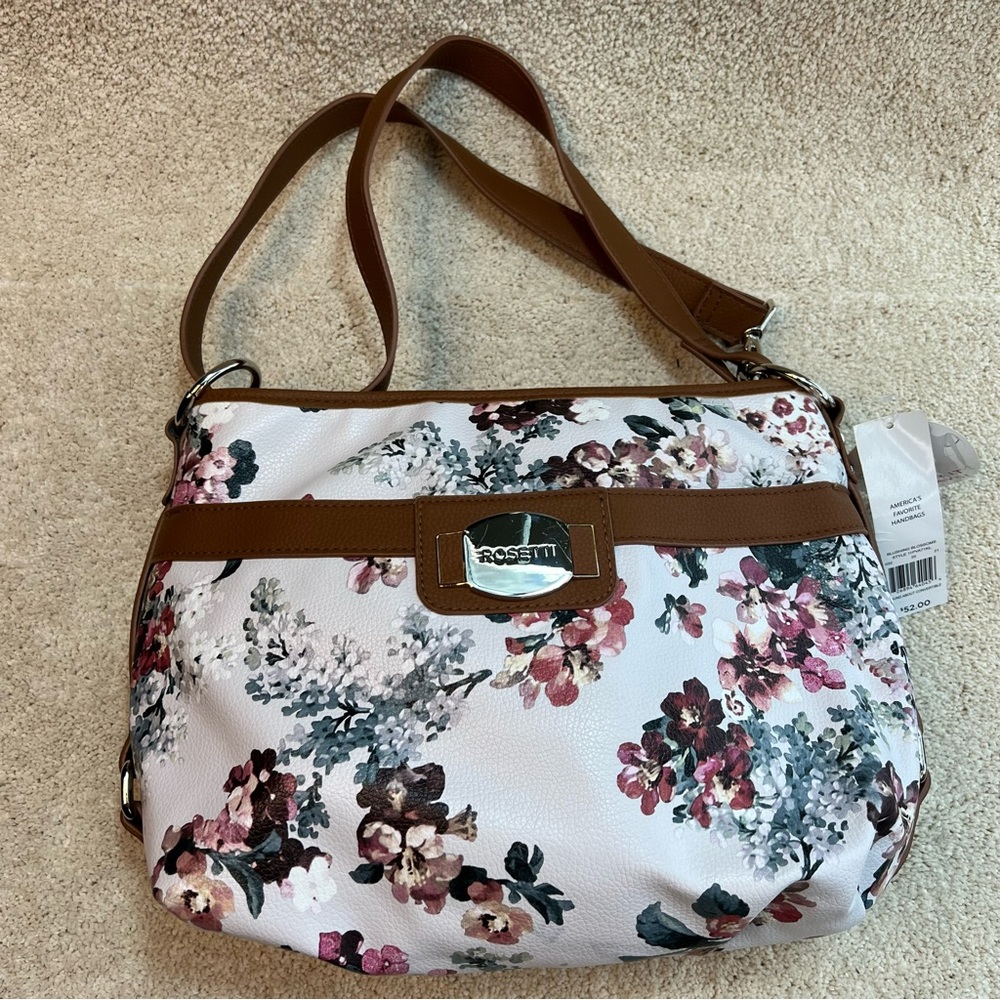 Rosetti Convertible Hobo Crossbody Bag Purse Brown Pink Floral